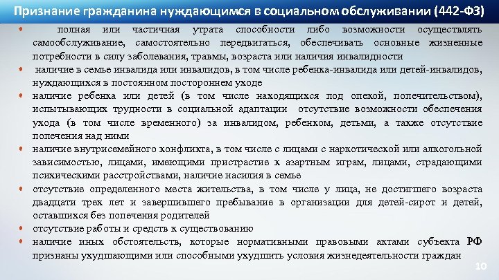 Признание гражданина нуждающимся в социальном обслуживании (442 -ФЗ) · · · · полная или