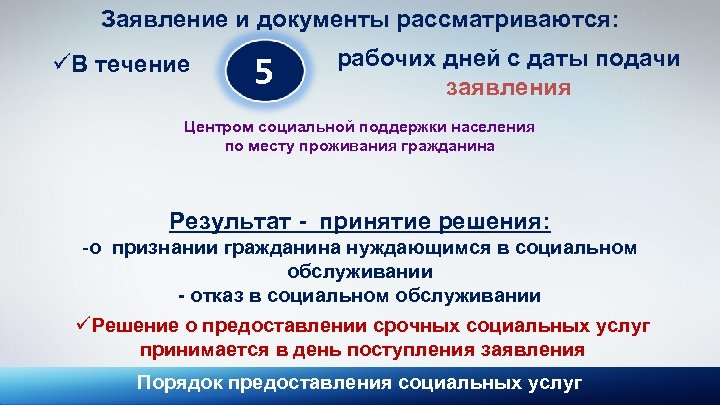 Заявление и документы рассматриваются: üВ течение 5 рабочих дней с даты подачи заявления Центром