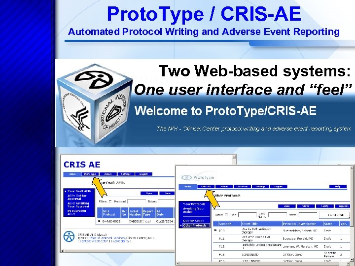 Proto. Type / CRIS-AE Automated Protocol Writing and Adverse Event Reporting Two Web-based systems: