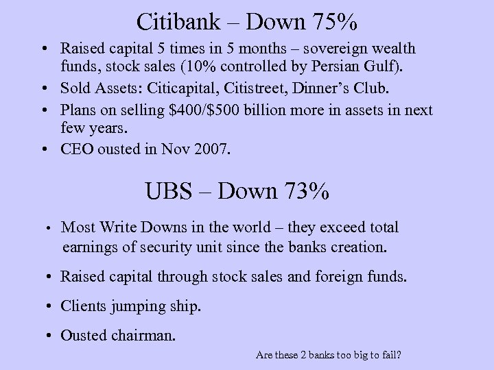 Citibank – Down 75% • Raised capital 5 times in 5 months – sovereign