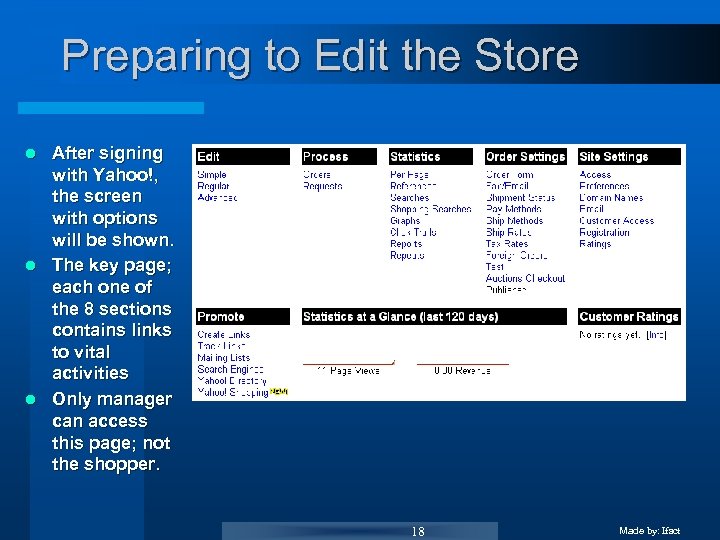 Preparing to Edit the Store After signing with Yahoo!, the screen with options will