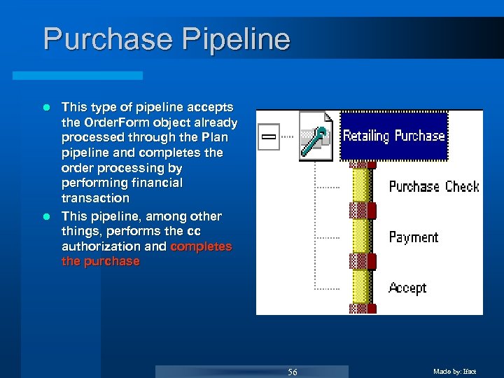 Purchase Pipeline This type of pipeline accepts the Order. Form object already processed through