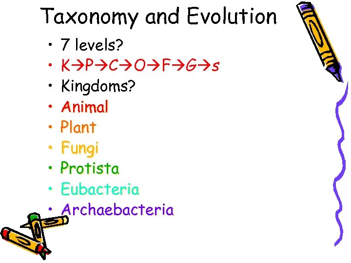 Taxonomy and Evolution • • • 7 levels? K P C O F G