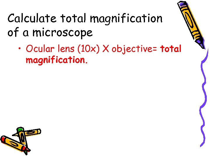 Calculate total magnification of a microscope • Ocular lens (10 x) X objective= total