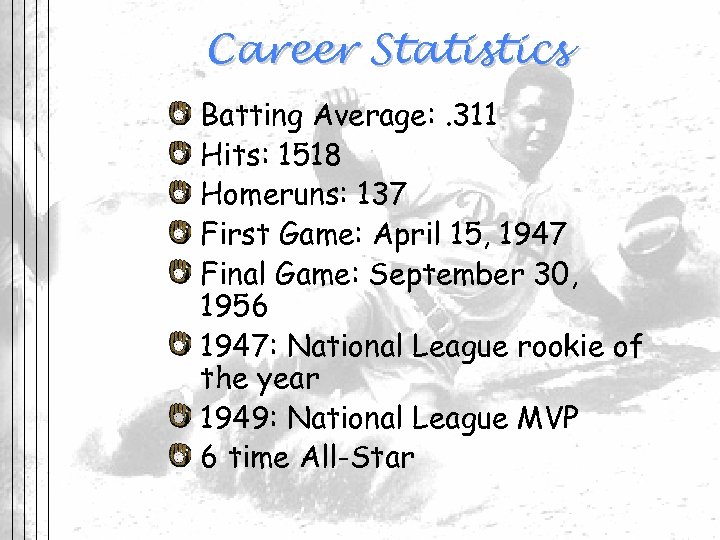 Career Statistics Batting Average: . 311 Hits: 1518 Homeruns: 137 First Game: April 15,