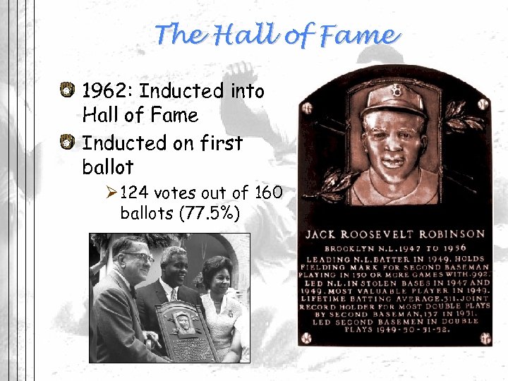 The Hall of Fame 1962: Inducted into Hall of Fame Inducted on first ballot