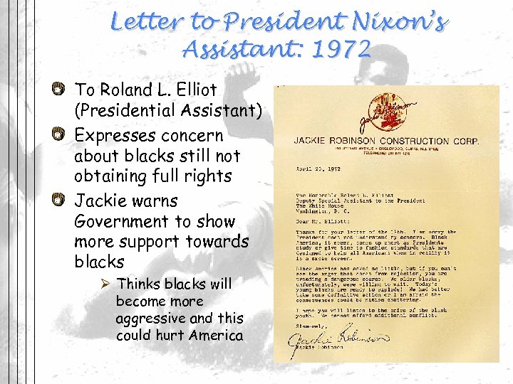 Letter to President Nixon’s Assistant: 1972 To Roland L. Elliot (Presidential Assistant) Expresses concern
