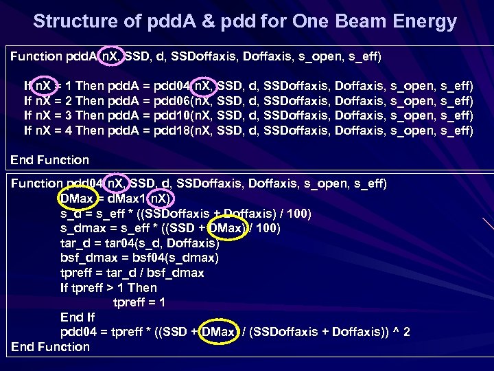 Structure of pdd. A & pdd for One Beam Energy Function pdd. A(n. X,