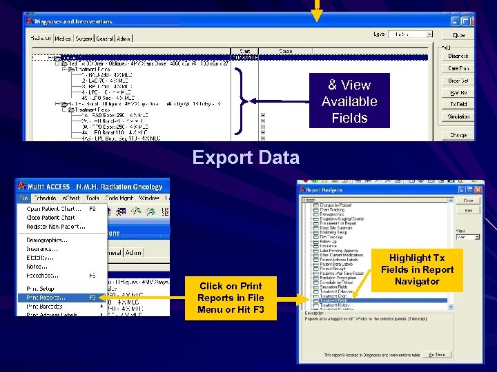 & View Available Fields Export Data Click on Print Reports in File Menu or