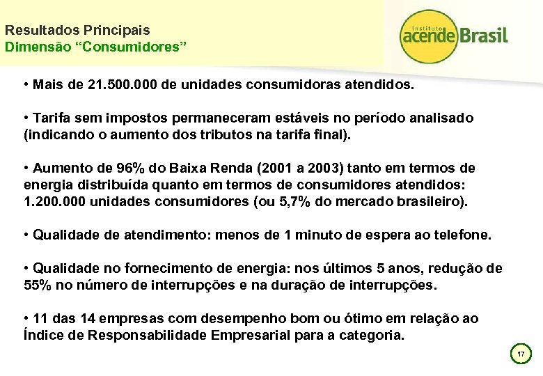 Resultados Principais Dimensão “Consumidores” • Mais de 21. 500. 000 de unidades consumidoras atendidos.