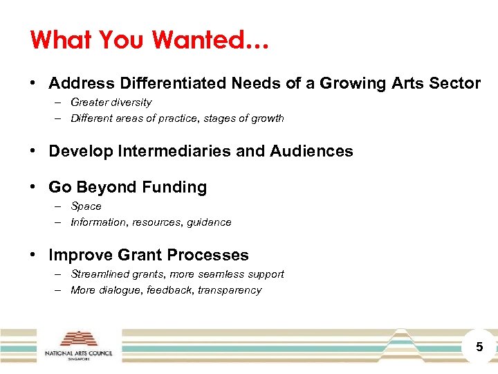 What You Wanted… • Address Differentiated Needs of a Growing Arts Sector – Greater