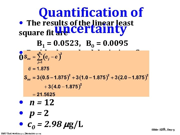 Quantification of • The results of the linear least uncertainty square fit are B