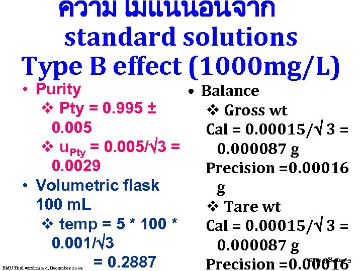 ความไมแนนอนจาก standard solutions Type B effect (1000 mg/L) • Purity • Balance v Pty