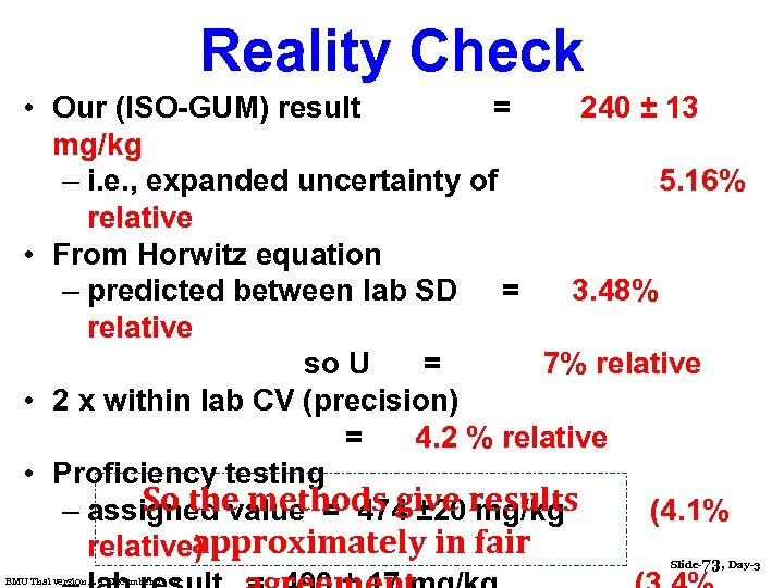 Reality Check • Our (ISO-GUM) result = 240 ± 13 mg/kg – i. e.