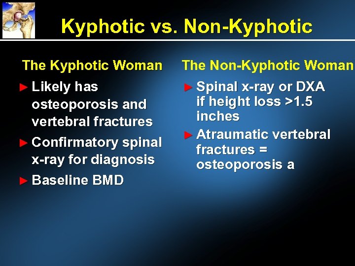 Kyphotic vs. Non-Kyphotic The Kyphotic Woman ► Likely has osteoporosis and vertebral fractures ►