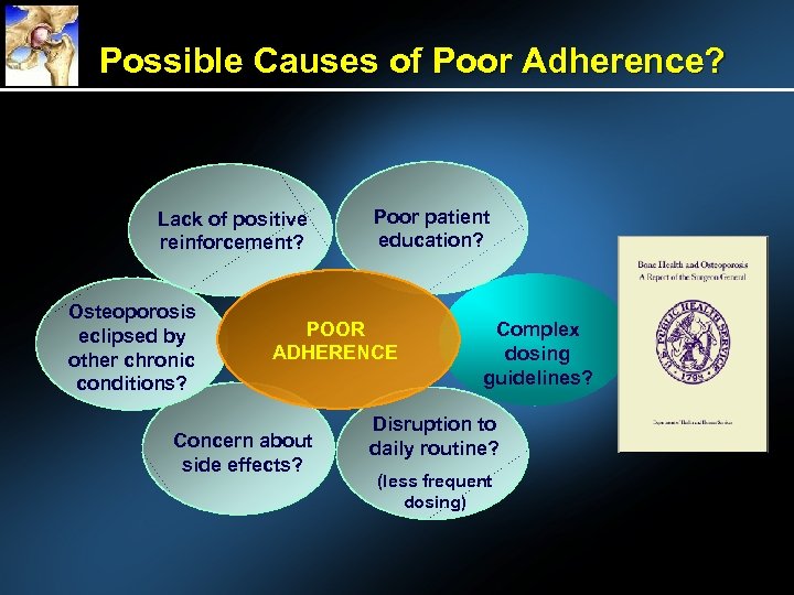 Possible Causes of Poor Adherence? Lack of positive reinforcement? Osteoporosis eclipsed by other chronic