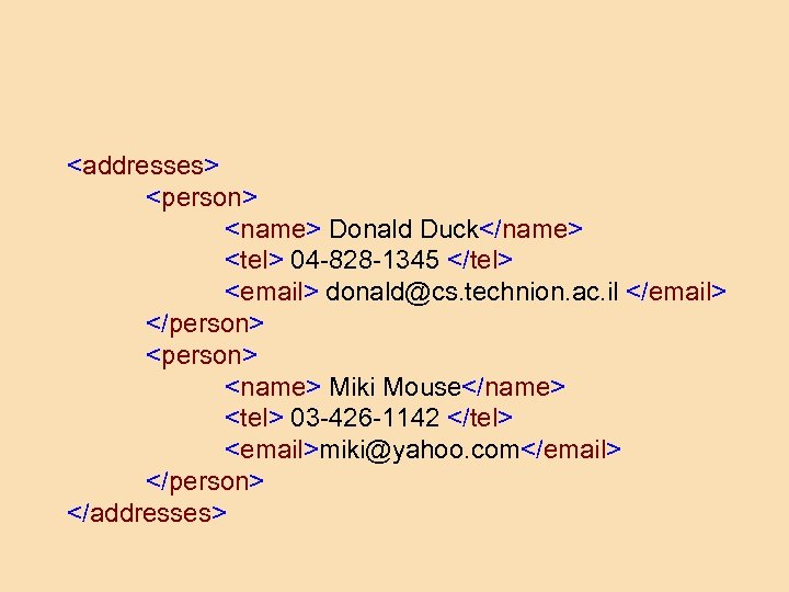 <addresses> <person> <name> Donald Duck</name> <tel> 04 -828 -1345 </tel> <email> donald@cs. technion. ac.