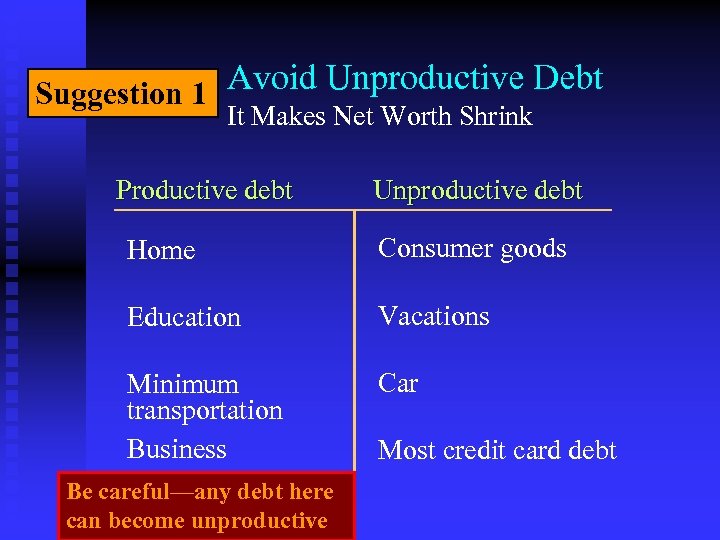 Suggestion 1 Avoid Unproductive Debt It Makes Net Worth Shrink Productive debt Unproductive debt