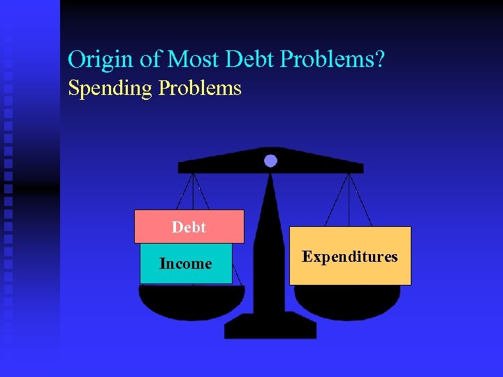 Origin of Most Debt Problems? Spending Problems Debt Income Expenditures 