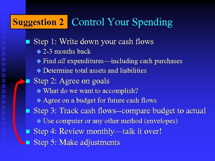 Suggestion 2 Control Your Spending n Step 1: Write down your cash flows u