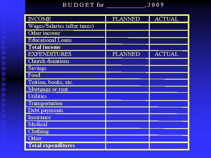 B U D G E T for _______, 2 0 0 9 INCOME Wages/Salaries