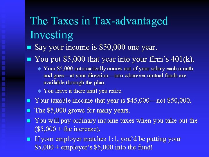 The Taxes in Tax-advantaged Investing n n Say your income is $50, 000 one