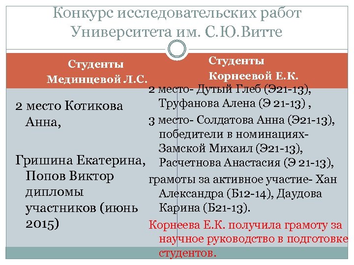 Конкурс исследовательских работ Университета им. С. Ю. Витте Студенты Мединцевой Л. С. Студенты Корнеевой