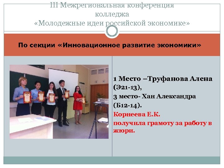 III Межрегиональная конференция колледжа «Молодежные идеи российской экономике» По секции «Инновационное развитие экономики» 1