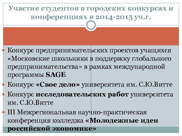 Участие студентов в городских конкурсах и конференциях в 2014 -2015 уч. г. Конкурс предпринимательских