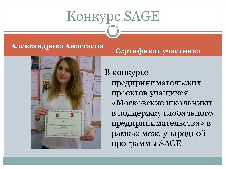Конкурс SAGE Александрова Анастасия Сертификат участника В конкурсе предпринимательских проектов учащихся «Московские школьники в