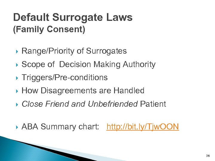 Default Surrogate Laws (Family Consent) Range/Priority of Surrogates Scope of Decision Making Authority Triggers/Pre-conditions