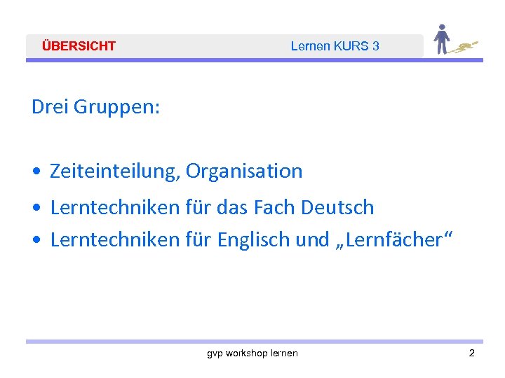 ÜBERSICHT Lernen KURS 3 Drei Gruppen: • Zeiteinteilung, Organisation • Lerntechniken für das Fach