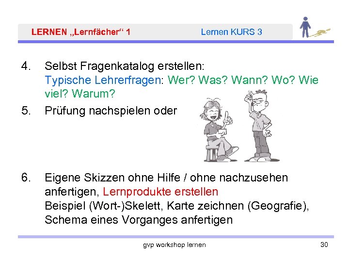 LERNEN „Lernfächer“ 1 4. 5. 6. Lernen KURS 3 Selbst Fragenkatalog erstellen: Typische Lehrerfragen: