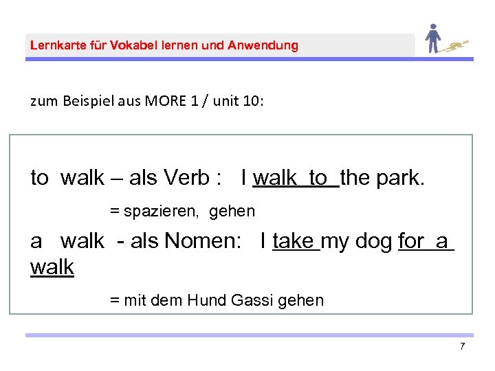 Lernkarte für Vokabel lernen und Anwendung zum Beispiel aus MORE 1 / unit 10: