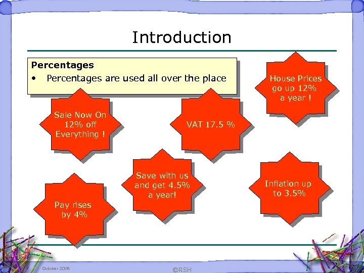 Introduction Percentages • Percentages are used all over the place Sale Now On 12%