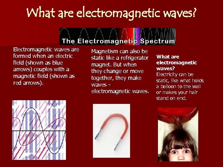 What are electromagnetic waves? Electromagnetic waves are formed when an electric field (shown as