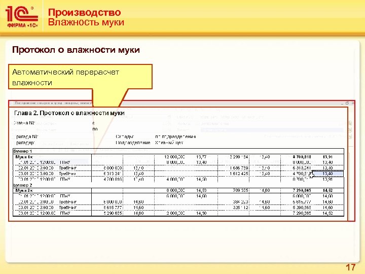 Производство Влажность муки Протокол о влажности муки Автоматический перерасчет влажности 17 