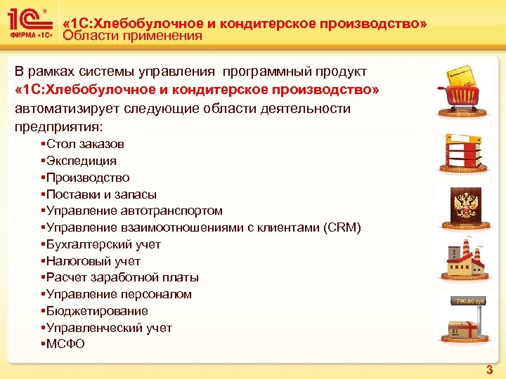 « 1 С: Хлебобулочное и кондитерское производство» Области применения В рамках системы управления
