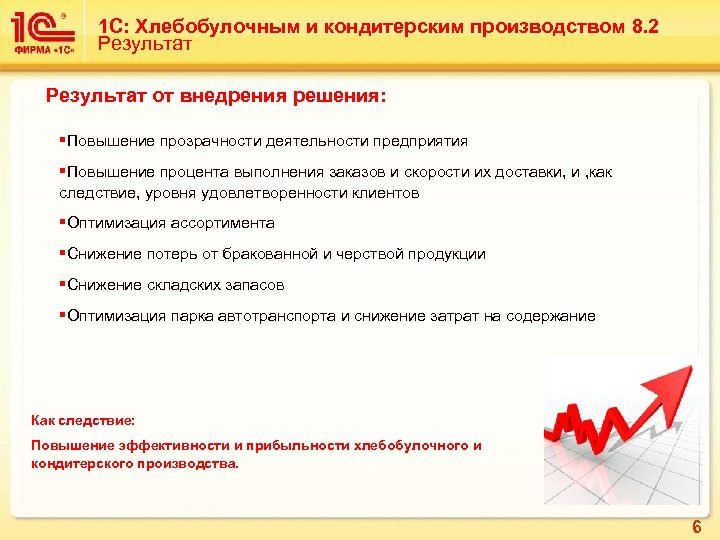 1 С: Хлебобулочным и кондитерским производством 8. 2 Результат от внедрения решения: §Повышение прозрачности