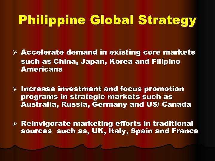 Philippine Global Strategy Ø Accelerate demand in existing core markets such as China, Japan,