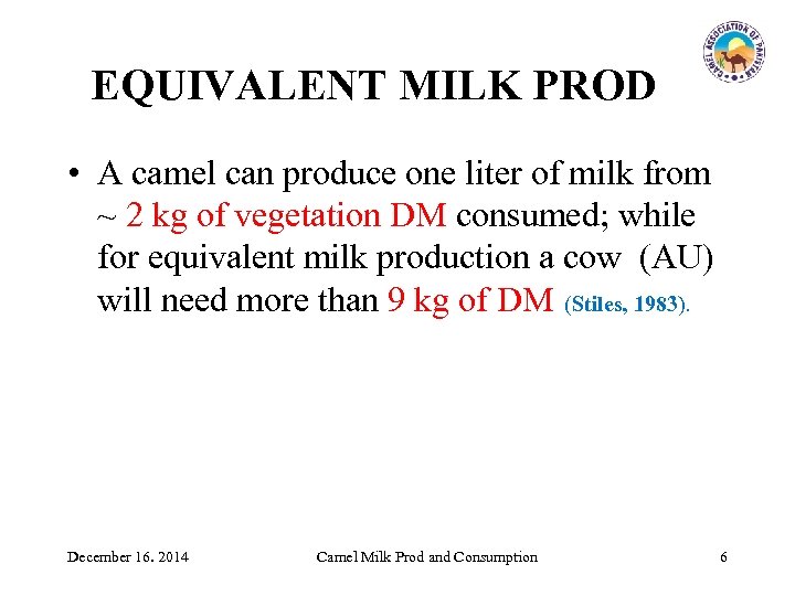 EQUIVALENT MILK PROD • A camel can produce one liter of milk from ~
