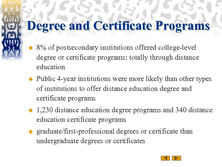 Degree and Certificate Programs u 8% of postsecondary institutions offered college-level degree or certificate