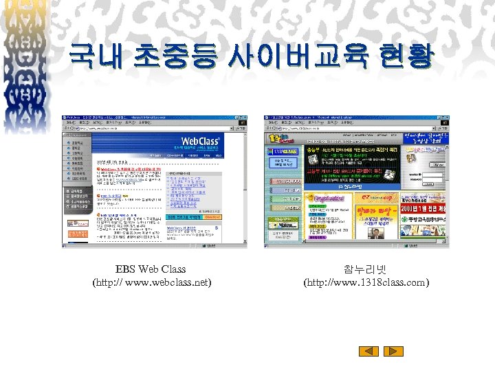 국내 초중등 사이버교육 현황 EBS Web Class (http: // www. webclass. net) 참누리넷 (http: