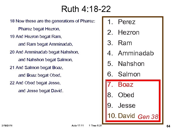 Ruth 4: 18 -22 18 Now these are the generations of Pharez: Pharez begat