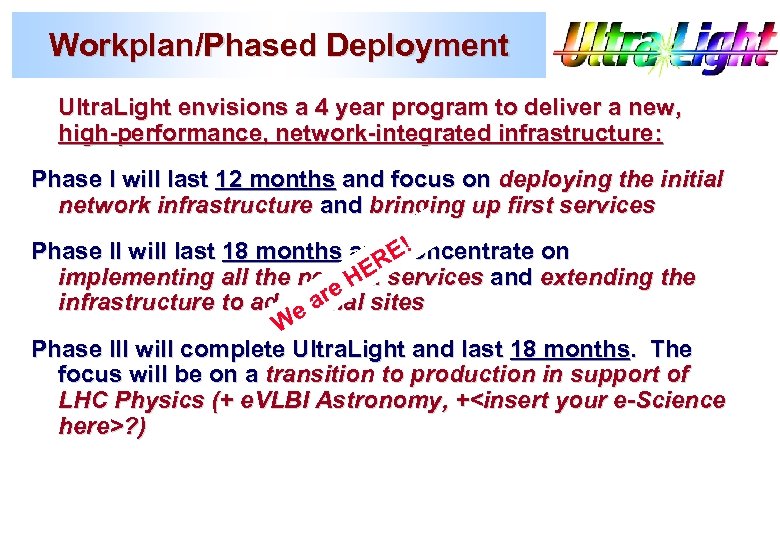 Workplan/Phased Deployment Ultra. Light envisions a 4 year program to deliver a new, high-performance,