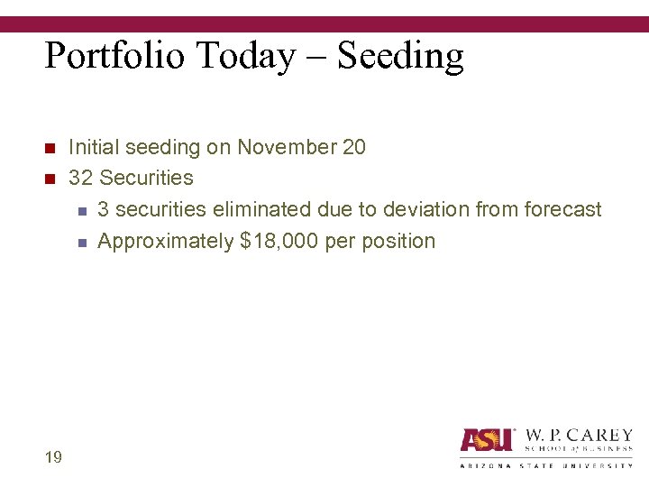 Portfolio Today – Seeding n n 19 Initial seeding on November 20 32 Securities