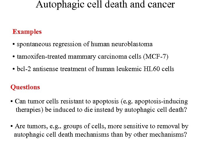 Autophagic cell death and cancer Examples • spontaneous regression of human neuroblastoma • tamoxifen-treated