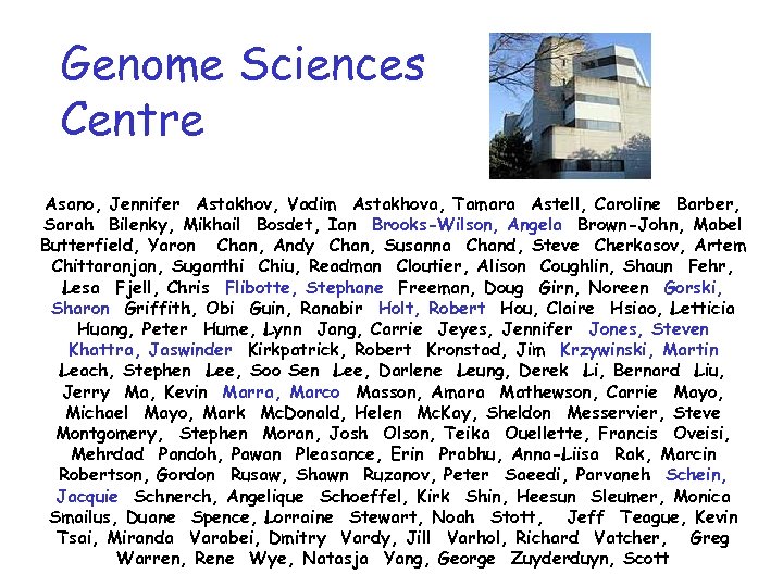 Genome Sciences Centre Asano, Jennifer Astakhov, Vadim Astakhova, Tamara Astell, Caroline Barber, Sarah Bilenky,