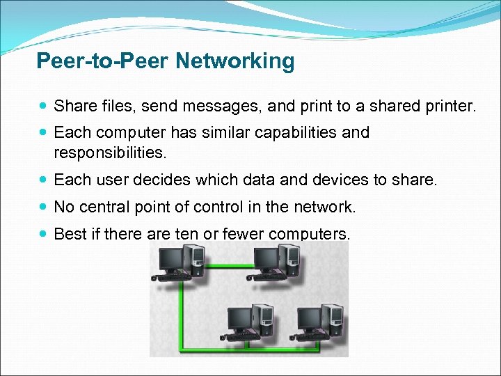 Peer-to-Peer Networking Share files, send messages, and print to a shared printer. Each computer