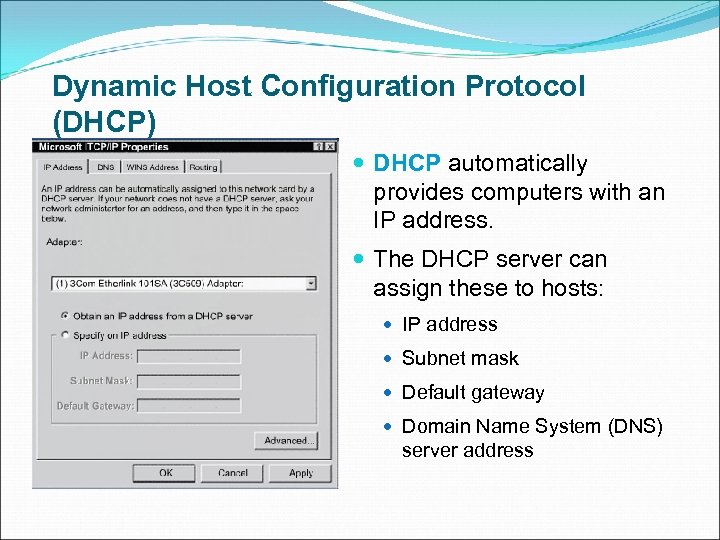 Dynamic Host Configuration Protocol (DHCP) DHCP automatically provides computers with an IP address. The